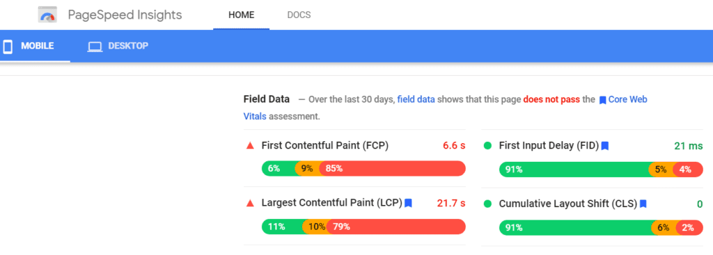 field data mobile page experience